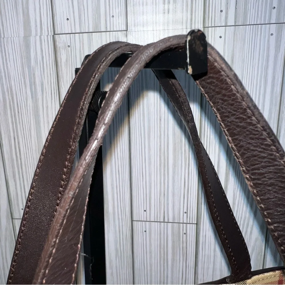 Burberry Vintage Nova Check Tote Bag Brown Leather Trim Plaid Shoulder Handbag
